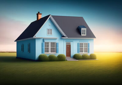 blue house with blue roof sky background 1340 25953